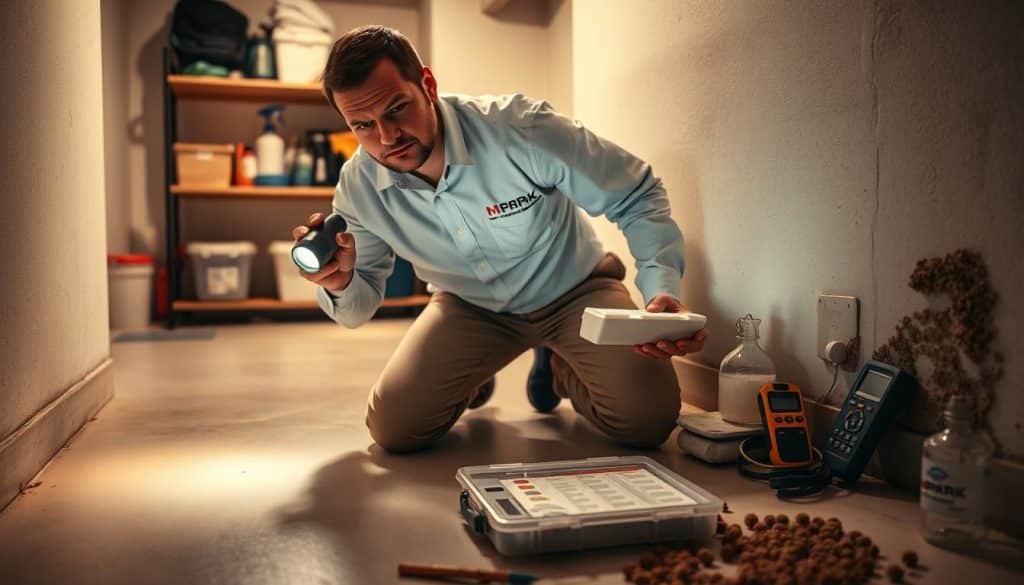 A professional mold inspector examines a damp corner of a residential basement, kneeling on a clean floor, dressed in a logoed shirt and khakis. The inspector uses a flashlight and holds a mold testing kit. In the background, shelves with cleaning supplies and tools are neatly organized, and a moisture meter is placed nearby. Soft, warm lighting highlights the scene, casting gentle shadows that emphasize the inspector's focused expression. The atmosphere is serious yet calm, reflecting the importance of thorough mold inspection. A slight lens blur in the background adds depth, while the foreground captures the intricate details of mold spores and the testing equipment. The overall mood conveys diligence and trust in professional mold inspection services.