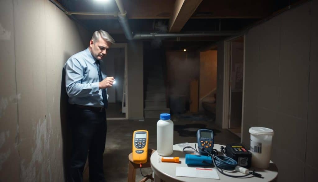 A professional mold inspector in Greenville, SC, examining a residential basement for mold growth. In the foreground, the inspector, dressed in professional business attire, uses a flashlight to inspect dark corners and walls, visibly focused and serious. In the middle ground, various mold inspection tools like a moisture meter and air sampling equipment are strategically placed on a small table. The background showcases the dimly lit basement with exposed walls, a damp floor, and signs of possible mold, creating an atmosphere of caution and diligence. Soft, overhead lighting emphasizes the inspector's actions, and a slight fog in the air adds to the sense of thoroughness and urgency in the inspection process. The overall mood conveys professionalism and attention to detail in a critical home maintenance task.