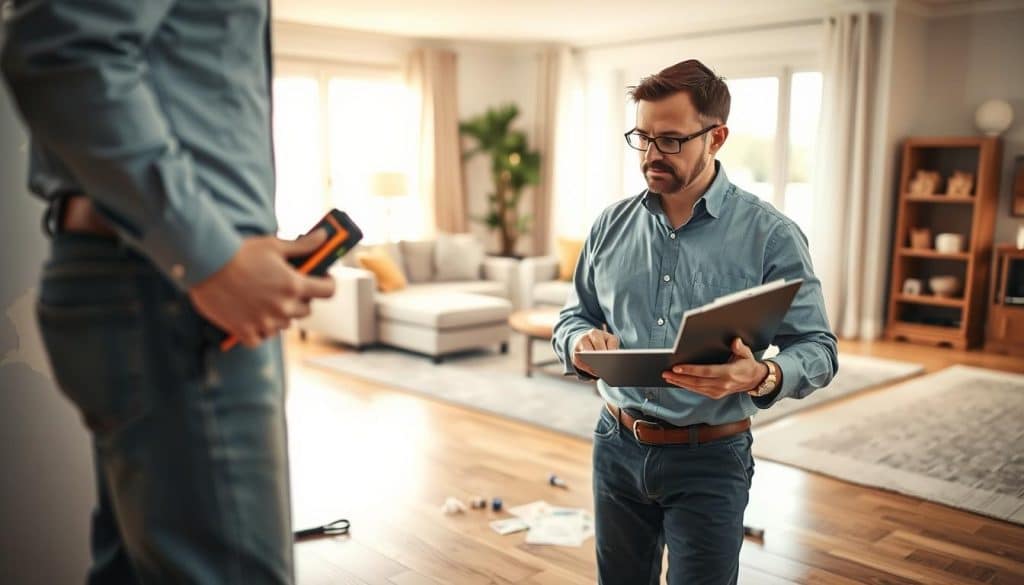 A professional mold inspector in a well-lit, modern home environment, equipped with a moisture meter and clipboard, examining a wall for potential mold issues. In the foreground, the inspector, dressed in smart casual attire, intently analyzes the spot with focus and determination. The middle ground showcases a detailed view of the wall featuring some discoloration, suggesting mold growth, along with various inspection tools like flashlights and samples laying nearby. In the background, a cozy living room can be seen, furnished with soft seating and warm lighting, creating an inviting atmosphere that contrasts with the seriousness of the inspection. The overall mood is professional yet approachable, capturing the essence of regional mold inspection in different U.S. markets.