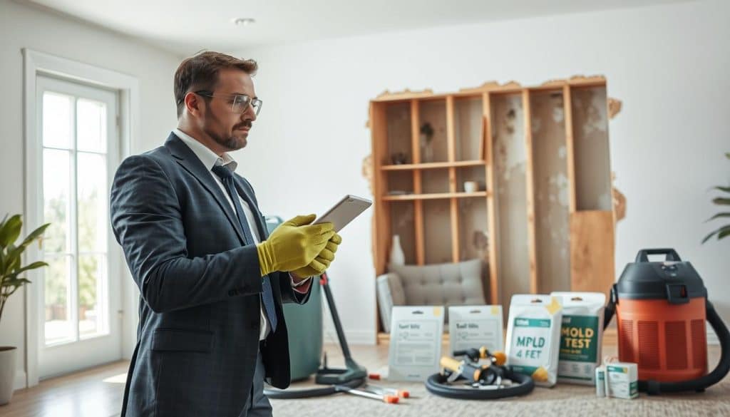 A professional mold remediation scene focusing on a certified mold removal expert in a well-lit, modern home environment. In the foreground, depict the expert wearing a neat, professional attire, equipped with safety goggles and gloves, actively examining a section of drywall that shows signs of mold. In the middle, show detailed tools and equipment for mold removal, like a HEPA vacuum and mold testing kits, arranged neatly alongside the expert. The background features a clean, organized space with exposed drywall, highlighting the mold patches and reminders of professional intervention. Use natural lighting streaming in through a window, creating a sense of urgency and professionalism. Incorporate a subtle color palette with greens and earth tones to maintain a calm, serious atmosphere.