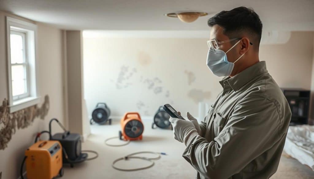 A professional mold remediation scene in a residential setting, focusing on a clean, well-lit basement. In the foreground, a certified technician wearing a safety mask and gloves inspects a section of the wall for mold growth, holding a moisture meter. The technician is dressed in a neat uniform, emphasizing professionalism. In the middle ground, we see various remediation tools like an ozone generator, fans, and containment barriers, all organized and neatly arranged. The background features partially finished walls with a few visible mold patches, illustrating the remediation process. The lighting is bright and natural, highlighting the seriousness of mold remediation, while the overall atmosphere is focused and professional, embodying a sense of urgency and efficiency in the task at hand.