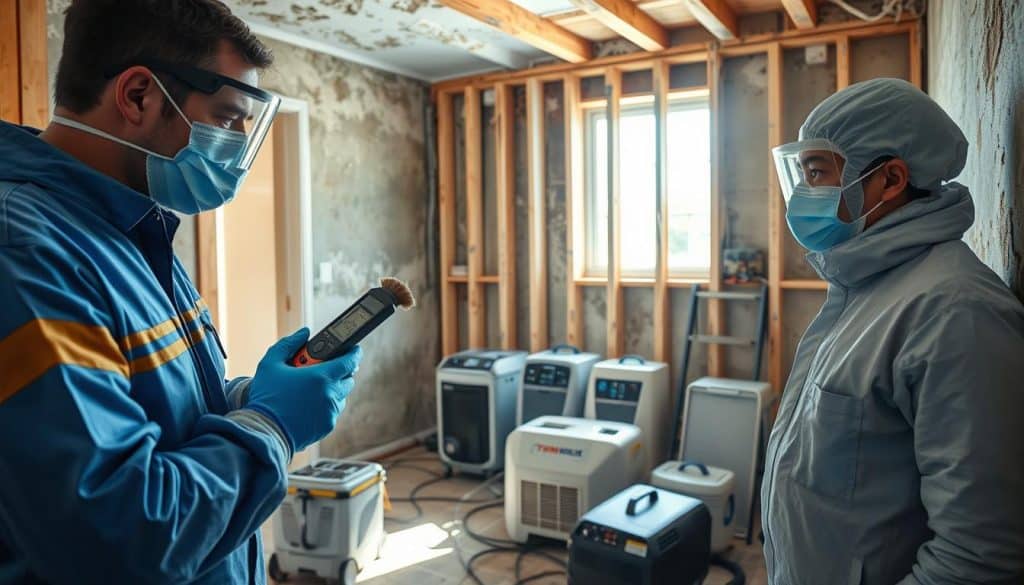 A professional mold remediation service in action, featuring two technicians in protective clothing, wearing masks and gloves, diligently inspecting a water-damaged wall with visible mold growth. In the foreground, the technicians are using tools such as a moisture meter and a brush for inspection, with detailed focus on the mold. The middle ground shows various mold remediation equipment, like air scrubbers and dehumidifiers, arranged neatly for use. The background reveals a well-lit room with partially exposed framing and a window allowing natural light to filter in, creating a bright and safe atmosphere. The overall mood conveys professionalism and thoroughness in addressing mold issues, emphasizing safety and expertise.