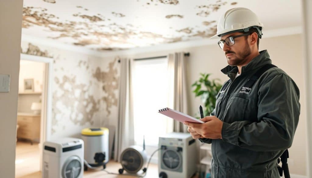 A professional mold remediation technician in a clean, organized environment, wearing a safety helmet and protective clothing while inspecting a residential space with visible mold growth on walls and ceiling. In the foreground, the technician is holding a clipboard, jotting down notes. The middle ground features mold remediation equipment, including air scrubbers and HEPA filters, arranged neatly. In the background, rooms are illuminated with soft, natural light coming from a window, highlighting the detailed mold patches along the surfaces. The atmosphere conveys diligence and expertise, emphasizing a safe and methodical approach to mold removal. The image captures the importance of professional assessment in a home affected by mold, creating a sense of trust and reassurance for homeowners.