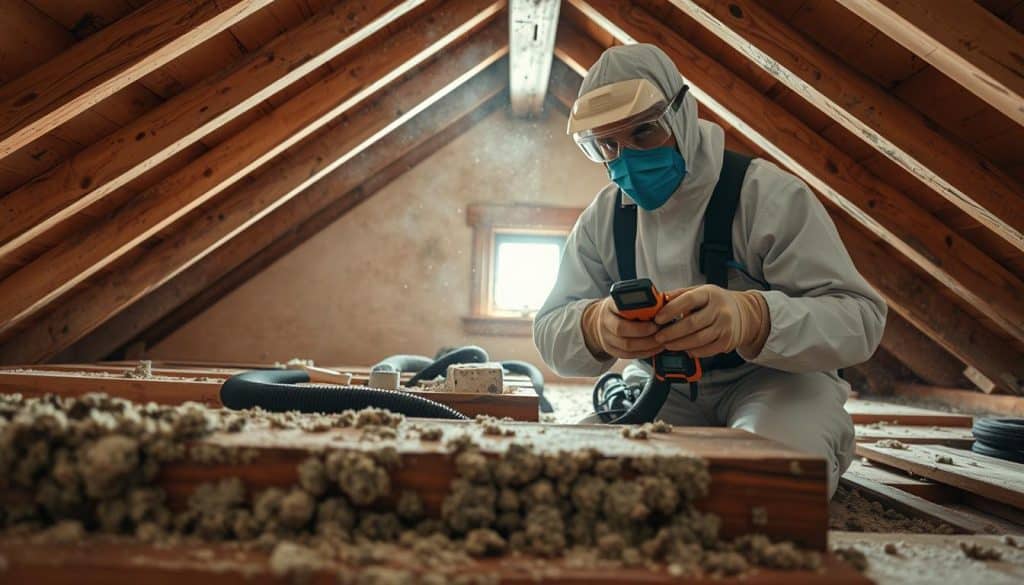 A professional mold remediation technician in a clean, well-lit attic space, wearing a protective suit and safety goggles, carefully inspecting a mold-infested area on the wooden beams. In the foreground, display mold spores and patches of mold on the surface of different materials, highlighting the severity of the situation. The middle ground features the technician using specialized tools, like a moisture meter and a HEPA vacuum, emphasizing professionalism and expertise. In the background, soft natural lighting filters through a small window, illuminating the dusty attic atmosphere, enhancing the mood of diligence and careful remediation. The overall scene conveys a sense of urgency and professionalism in addressing severe attic mold removal hazards.