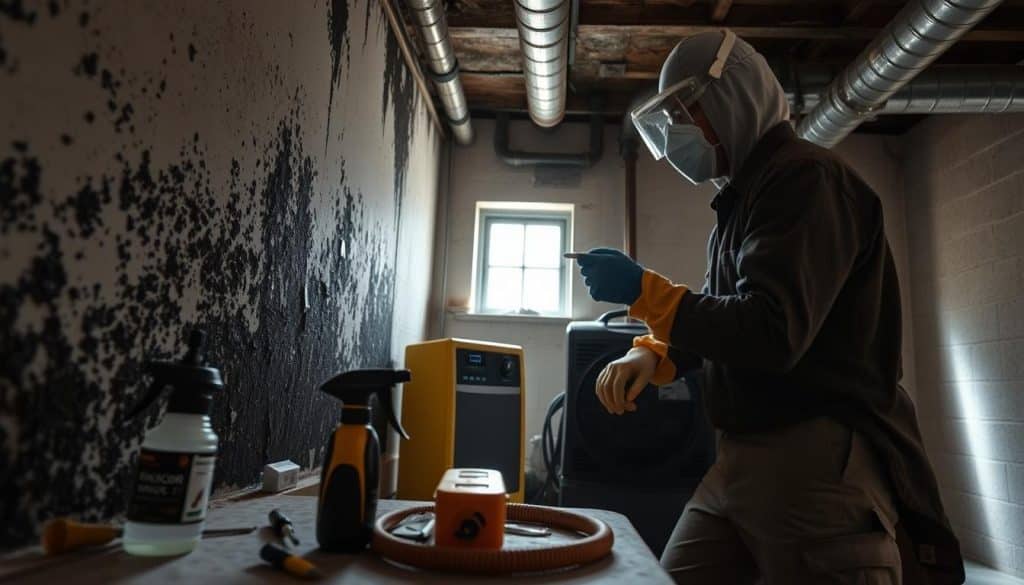 A professional mold remediation technician in a safe work environment, wearing protective gear including gloves and a mask, examines a damp wall covered with visible black mold. In the foreground, specialized tools like a moisture meter and a spray bottle of antimicrobial solution are placed strategically. The middle ground features the technician actively scraping away mold as a portable air purifier operates nearby, filtering the air. In the background, a well-lit basement setting shows a lack of ventilation with exposed pipes. Natural sunlight streams through a small window, creating a contrast between the bright exterior and the dim interior atmosphere, conveying the urgency and seriousness of mold remediation efforts. The overall mood is focused and professional, emphasizing safety and cleanliness in the process.