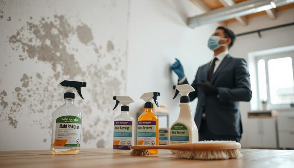 A professional mold removal scene set in a well-lit room, emphasizing safety and cleanliness. In the foreground, a technician dressed in professional business attire carefully inspects a wall with visible mold patches, wearing protective gloves and a mask. In the middle ground, a selection of safer mold removal products is displayed, such as a spray bottle labeled "Eco-Friendly Mold Remover" and a scrub brush. The background features a clean, organized workspace with natural light pouring in through a window, enhancing the atmosphere of safety and professionalism. The overall mood is focused and methodical, conveying a sense of expertise in mold remediation without the use of harsh chemicals. The composition should be captured from a slightly angled perspective, highlighting the technician's careful approach.