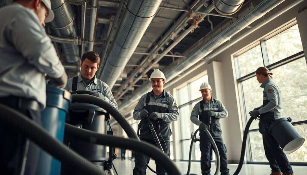 A professional team of air duct cleaning technicians in clean, branded uniforms, using specialized equipment to service commercial duct systems. In the foreground, the technicians are focused on their work, highlighting a high-efficiency vacuum and flexible duct cleaning hoses. The middle ground features an industrial workspace with large ductwork exposed, showcasing dust and debris being removed. The background includes soft, natural daylight filtering through large windows, illuminating the scene to create a clean and efficient atmosphere. The angle is slightly low, emphasizing the scale of the ducts and the professionalism of the technicians. The overall mood is industrious and dedicated, reflecting the importance of maintaining clean air systems in commercial buildings. A professional team of air duct cleaning technicians in clean, branded uniforms, using specialized equipment to service commercial duct systems. In the foreground, the technicians are focused on their work, highlighting a high-efficiency vacuum and flexible duct cleaning hoses. The middle ground features an industrial workspace with large ductwork exposed, showcasing dust and debris being removed. The background includes soft, natural daylight filtering through large windows, illuminating the scene to create a clean and efficient atmosphere. The angle is slightly low, emphasizing the scale of the ducts and the professionalism of the technicians. The overall mood is industrious and dedicated, reflecting the importance of maintaining clean air systems in commercial buildings.