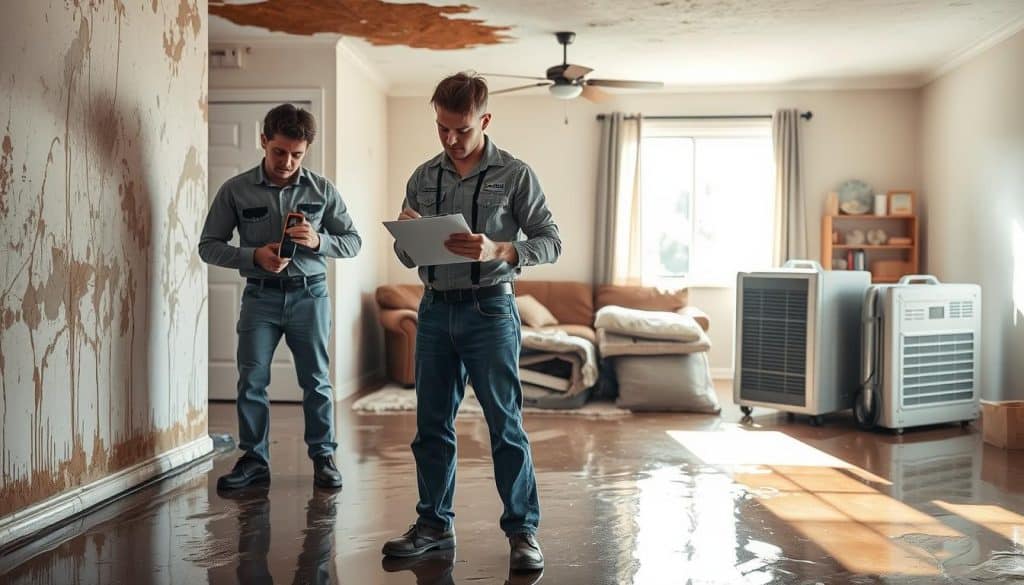 A professional water damage restoration scene, showcasing a team of two technicians in modest casual clothing assessing a flooded residential area. In the foreground, one technician is inspecting damp walls with a moisture meter while the other notes down observations on a clipboard. The middle ground features waterlogged carpets and furniture piled aside to dry, with visible signs of water stains on the walls and ceiling. In the background, a large industrial dehumidifier works to dry the area, casting a soft glow to highlight the urgency of the situation. Natural daylight streams through a window, creating a contrast between the dampness and the bright environment, conveying a sense of hope and recovery amidst the challenges of restoration.