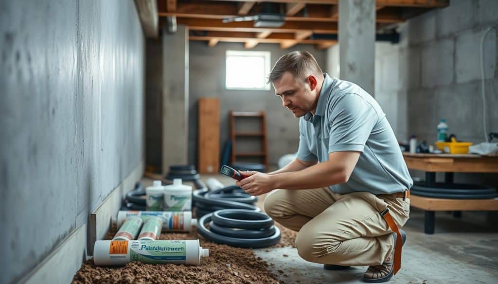 A scene depicting a detailed inspection of a basement waterproofing project in an inviting and well-lit basement. In the foreground, a professional inspector, wearing a polo shirt and khakis, is kneeling beside a foundation wall, using a moisture meter. The inspector's focused expression conveys expertise and diligence. In the middle ground, various waterproofing materials, such as sealants and drainage pipes, are neatly arranged on a workbench. In the background, there are exposed beams and concrete walls, creating a realistic basement environment. Soft natural light filters in through a small window, enhancing the sense of clarity and diligence in the inspection process. The overall atmosphere is one of professionalism and thorough evaluation.