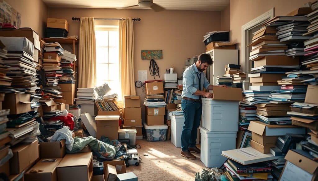 A serene, cluttered room undergoing professional hoarding cleanup. In the foreground, a diverse team of two professionals in smart casual attire carefully sorting through stacks of boxes and clutter, showcasing collaboration. The middle ground features a mix of neatly organized items alongside untouched clutter, conveying the progress of cleanup. In the background, sunlight filters through a window, casting a warm glow on the scene, highlighting the contrast between chaos and order. Soft shadows enhance the depth, and a gentle lens blur draws attention to the focused team. The atmosphere is hopeful and positive, reflecting the transformative process of reclaiming space and restoring a sense of peace.