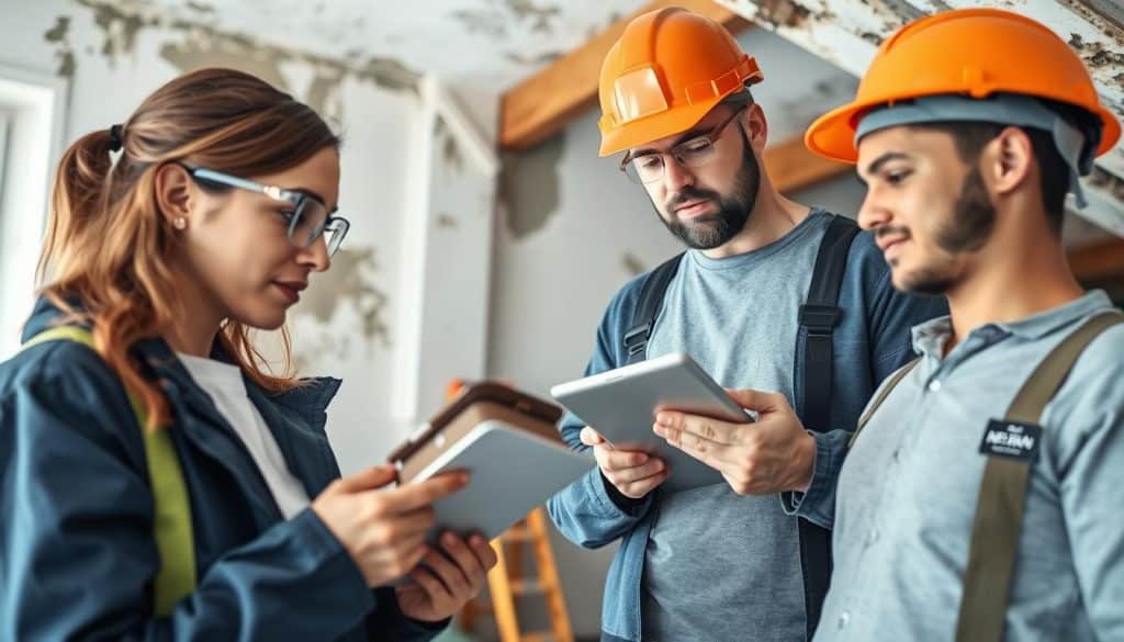 A team of professional mold remediation specialists in the foreground, composed of three individuals. One, a woman in her 30s, wears a navy blue safety jacket and protective gear, examining mold samples with a magnifying glass. To her right, a middle-aged man in an orange safety helmet is inspecting an attic with a flashlight, demonstrating teamwork and diligence. The third team member, a young man, is consulting a tablet, showcasing technology use in the process. The setting is a well-lit, modern indoor space, with mold-affected walls and remediation equipment in the background. Soft, natural lighting highlights the professionalism of the team, creating a sense of trust and expertise. The angle is slightly elevated, capturing the dynamic interaction among the team members while maintaining focus on their dedicated work environment.