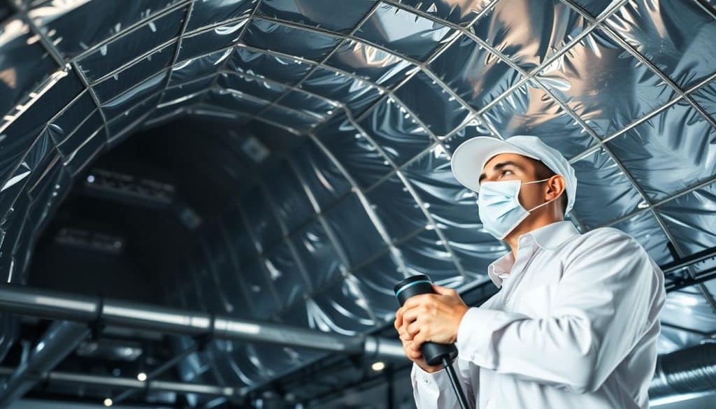 A well-lit air duct interior scene, showcasing a clean and spacious duct system. In the foreground, a professional air duct cleaner dressed in a clean uniform is using specialized equipment to inspect the ductwork, illustrating the cleaning process. The middle view highlights the duct's metallic surface, with clear detailing of the mesh and ridges, indicating a thorough cleaning environment. In the background, dim lighting adds depth, suggesting the expansive network of ducts throughout a building. The atmosphere is professional and efficient, conveying a sense of reliability and expertise in air duct cleaning. Use natural lighting to enhance the metallic sheen and highlight the cleaner's focused expression as they work. A well-lit air duct interior scene, showcasing a clean and spacious duct system. In the foreground, a professional air duct cleaner dressed in a clean uniform is using specialized equipment to inspect the ductwork, illustrating the cleaning process. The middle view highlights the duct's metallic surface, with clear detailing of the mesh and ridges, indicating a thorough cleaning environment. In the background, dim lighting adds depth, suggesting the expansive network of ducts throughout a building. The atmosphere is professional and efficient, conveying a sense of reliability and expertise in air duct cleaning. Use natural lighting to enhance the metallic sheen and highlight the cleaner's focused expression as they work.