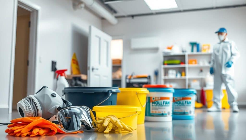 A well-lit indoor scene showcasing an array of safety personal protective equipment (PPE) designed for mold remediation. In the foreground, a neatly arranged display features a respirator mask, safety goggles, disposable gloves, and a protective suit, all in bright colors. The middle ground includes buckets of disinfectant and bleach, emphasizing the cleaning theme. In the background, a partially open door reveals a clean, organized workspace with tools and cleaning supplies neatly arranged on shelves. The lighting is bright and clinical, highlighting the importance of safety. The atmosphere is professional and encouraging, promoting a sense of precaution and readiness. No people are depicted, allowing the focus to remain on the safety gear.