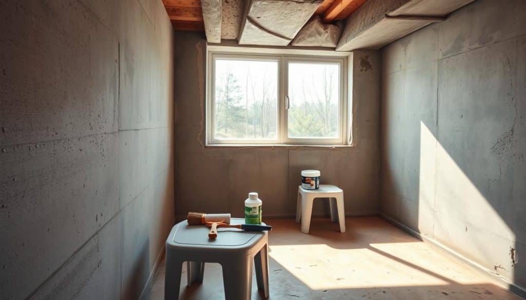 A well-lit interior basement featuring partially finished walls prepared for waterproofing. In the foreground, a clean, concrete wall shows signs of moisture with visible droplets, emphasizing the need for treatment. In the middle ground, tools like a brush, roller, and sealant container are neatly arranged on a small plastic table, symbolizing the DIY aspect of the waterproofing process. In the background, there's a window with natural light filtering in, revealing a clear view of the outside environment. The atmosphere is bright and practical, with shadows providing depth. The lens should capture a wide-angle view, ensuring clarity and focus on the basement's features, while maintaining a professional and informative ambience.