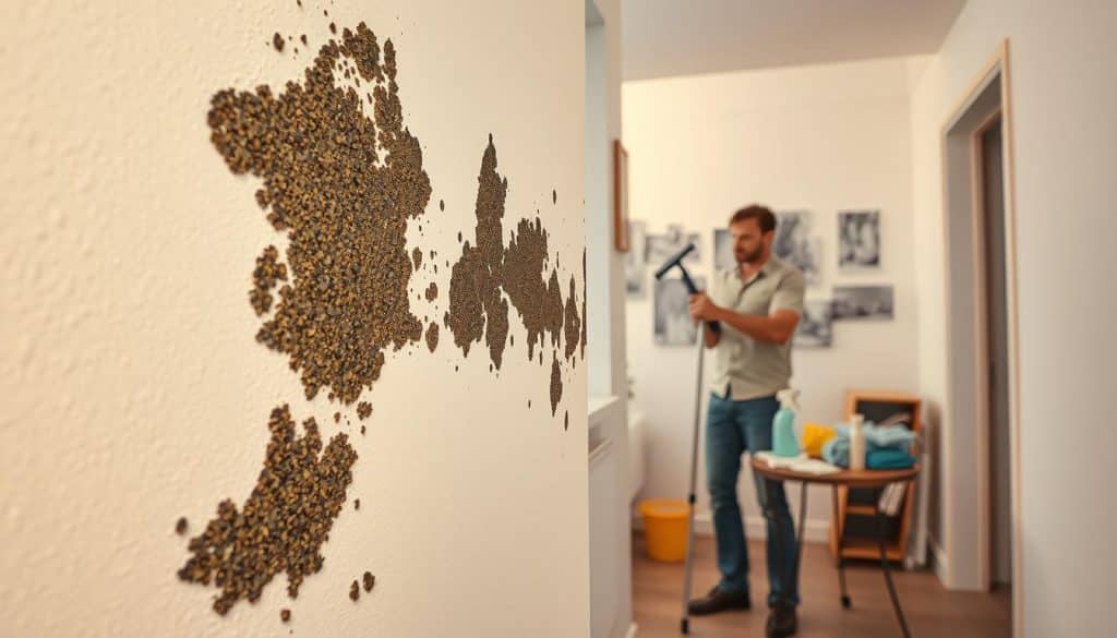 A well-lit interior space featuring a close-up of textured walls showing signs of mold growth. The foreground showcases patches of dark green and black mold on a white painted wall, with a slight sheen from moisture. In the middle, a cleaning professional in modest casual clothing is using a scrubbing tool on a section of the wall, demonstrating the cleaning process. The background reveals tools such as a spray bottle, cloths, and gloves on a small table, with warm lighting to create a hopeful atmosphere. The angle is slightly tilted to emphasize both the mold on the wall and the action of cleaning, capturing the step-by-step approach to mold removal.