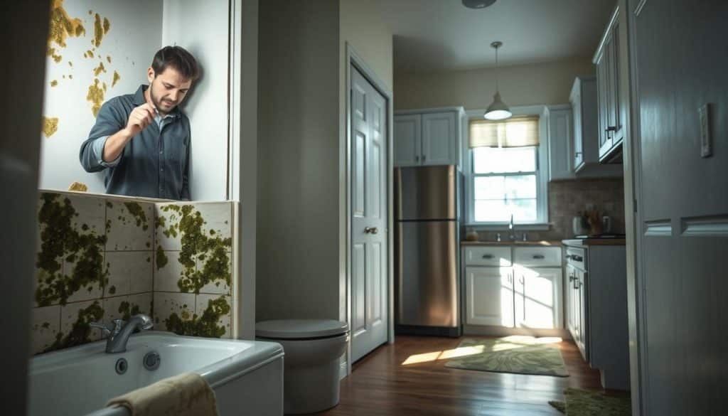 An indoor scene showcasing common mold problem areas in a typical Upstate South Carolina home. In the foreground, focus on a damp corner of a bathroom with visible patches of green and black mold. Include a professional in modest casual clothing inspecting the area with a flashlight, emphasizing their expertise. In the middle, display a kitchen with mold creeping around the edges of the sink and cabinets, emphasizing the need for remediation. In the background, depict light filtering through a window, casting soft shadows and creating an atmosphere of concern yet hope. The lighting should highlight the textures of the mold for educational purposes, while maintaining a clean and organized setting.