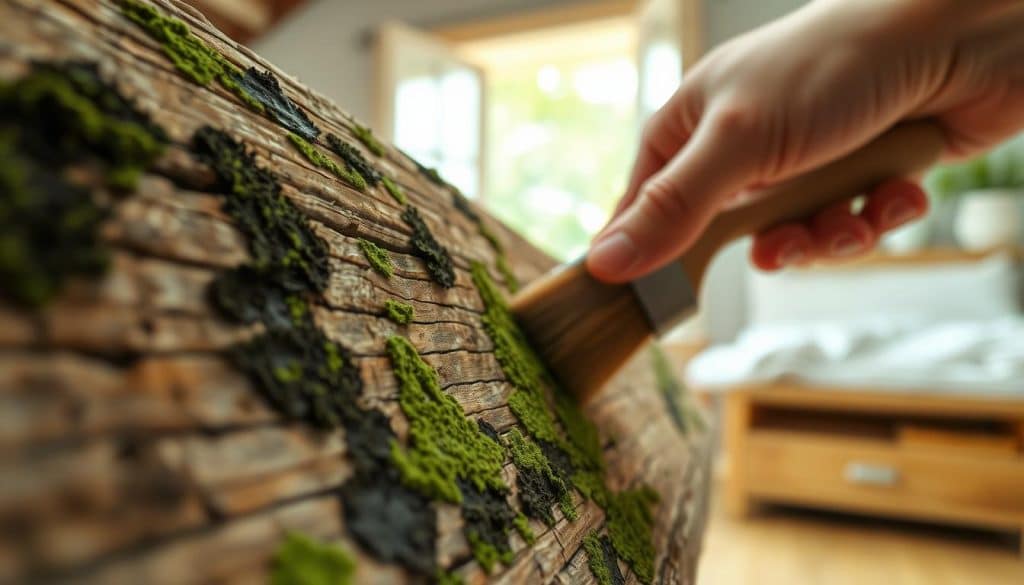 An up-close view of a weathered piece of wood, prominently displaying patches of green and black mold in detailed textures. In the foreground, show the intricate fibers of the wood grain, highlighting the contrast between the mold and the natural wood color. In the middle ground, introduce a gentle hand holding a brush, poised to scrape away the mold, showcasing a sense of care and maintenance. In the background, a soft, diffused light filters through an open window, illuminating the scene with a warm, inviting glow. The overall mood is calm yet purposeful, reflecting a step-by-step process in a clean and organized environment, ideal for conveying a professional approach to mold removal. An up-close view of a weathered piece of wood, prominently displaying patches of green and black mold in detailed textures. In the foreground, show the intricate fibers of the wood grain, highlighting the contrast between the mold and the natural wood color. In the middle ground, introduce a gentle hand holding a brush, poised to scrape away the mold, showcasing a sense of care and maintenance. In the background, a soft, diffused light filters through an open window, illuminating the scene with a warm, inviting glow. The overall mood is calm yet purposeful, reflecting a step-by-step process in a clean and organized environment, ideal for conveying a professional approach to mold removal.