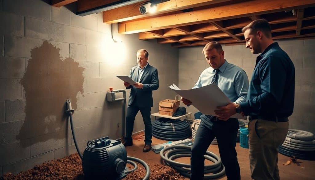 A split-scene illustration contrasting interior and exterior waterproofing solutions. In the foreground, on the left, show a well-lit basement with modern waterproofing techniques, featuring neatly arranged equipment and materials, such as a sump pump and dehumidifiers. The walls should be painted in soft colors, with shelves displaying waterproofing solutions. On the right, depict the exterior of a house, showcasing a yard with drainage systems, a recently installed French drain, and waterproofing membranes visible against the foundation, in natural sunlight. The middle ground merges both environments with a subtle gradient. Use a wide-angle lens to capture the vastness of the scene, with a focus on vibrant yet professional lighting, evoking a sense of clarity and expertise in home improvement. basement waterproofing companies - basement waterproofing cost
