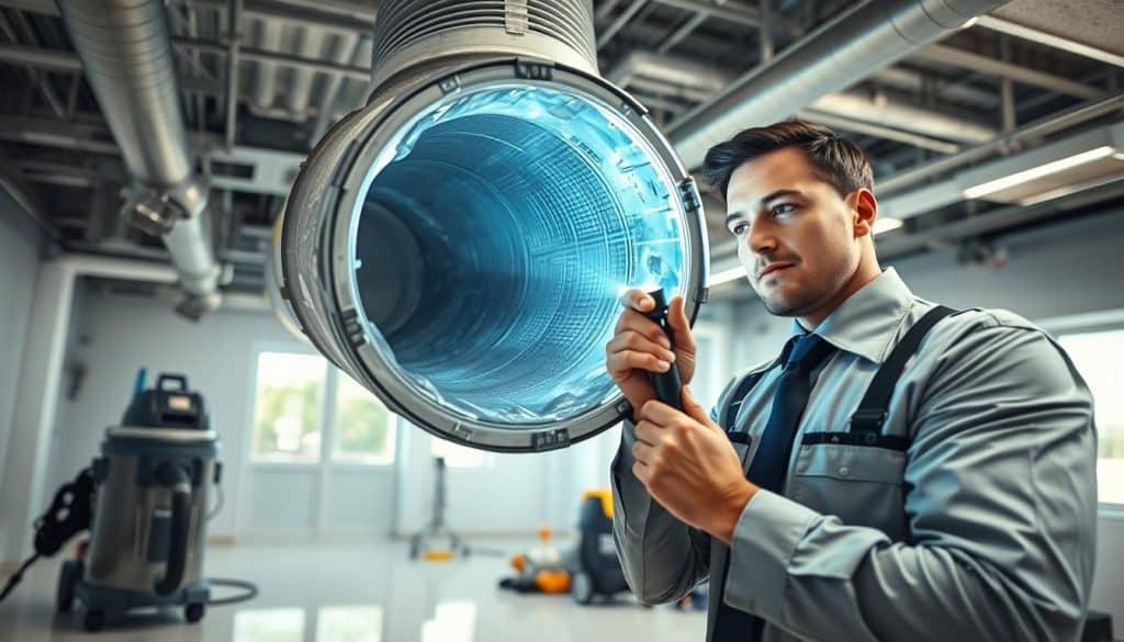 A clean, well-lit interior of a modern home featuring a technician in a professional uniform, carefully performing air duct cleaning. In the foreground, the technician is using specialized tools to access the ductwork, showcasing the attention to detail and professionalism of the service. In the middle, an open air duct reveals the accumulation of dust and debris, highlighting the importance of regular cleaning. The background features a cozy living room with contemporary decor, suggesting a comfortable and healthy living environment. Soft natural light enters through a window, creating a clean and inviting atmosphere. The overall mood is one of safety and cleanliness, emphasizing the benefits of professional air duct cleaning services for homes. how often air duct cleaning - is air duct cleaning a waste of money - air duct cleaning company