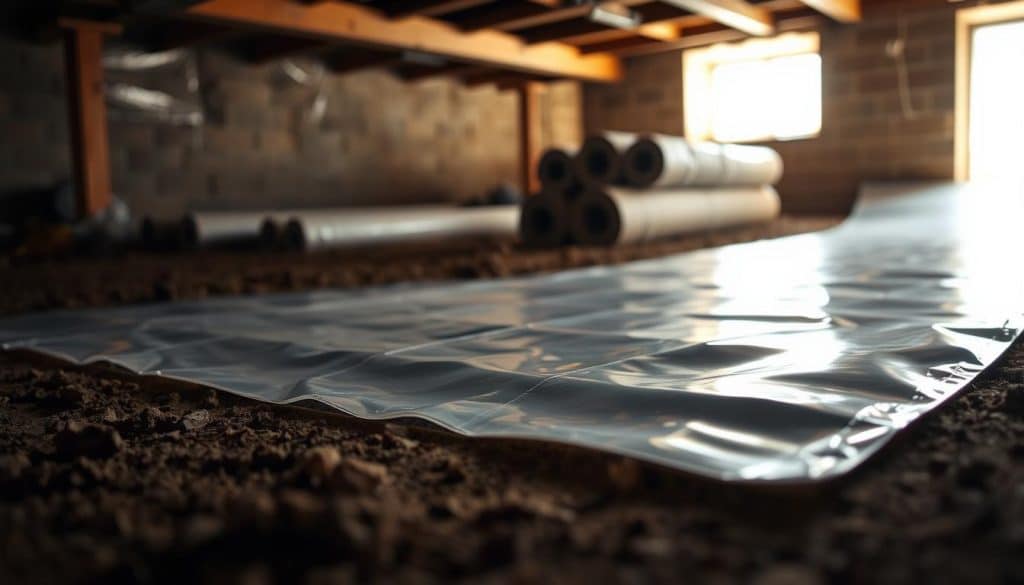 A close-up view of a high-quality vapor barrier material laid out in a crawl space. The foreground showcases the thick, glossy polyethylene sheet, reflecting faint light, emphasizing its durability and moisture-proof properties. In the middle ground, the vapor barrier is neatly spread over the dirt floor, with rolls of insulation materials stacked nearby, suggesting preparation for crawl space encapsulation. The background features the dimly lit, earthy walls of the crawl space, with beams and vent openings faintly illuminated by natural light filtering in, creating a realistic atmosphere. The angle captures the texture and sheen of the barrier, conveying a sense of protection and professionalism. The overall mood is technical and informative, aimed at highlighting essential materials for home improvement projects.