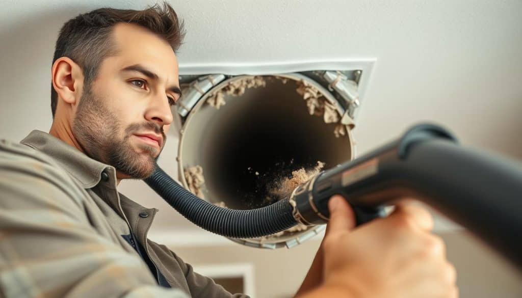 A close-up view of a professional air duct cleaning technician in modest casual clothing, using specialized tools to remove dust and debris from a residential air duct. The foreground features the technician’s focused expression as they work diligently with a vacuum-like device, drawing out visible particles. In the middle, the ductwork shows intricate details, including layers of dust and grime being extracted. The background includes a well-lit, modern home setting, with clean walls and a ceiling to convey a sense of cleanliness and order. Soft, natural lighting creates a calm atmosphere, highlighting the importance of maintaining air quality in one's home. The image captures the essence of thoroughness and professionalism without any distractions or text. A close-up view of a professional air duct cleaning technician in modest casual clothing, using specialized tools to remove dust and debris from a residential air duct. The foreground features the technician’s focused expression as they work diligently with a vacuum-like device, drawing out visible particles. In the middle, the ductwork shows intricate details, including layers of dust and grime being extracted. The background includes a well-lit, modern home setting, with clean walls and a ceiling to convey a sense of cleanliness and order. Soft, natural lighting creates a calm atmosphere, highlighting the importance of maintaining air quality in one's home. The image captures the essence of thoroughness and professionalism without any distractions or text.