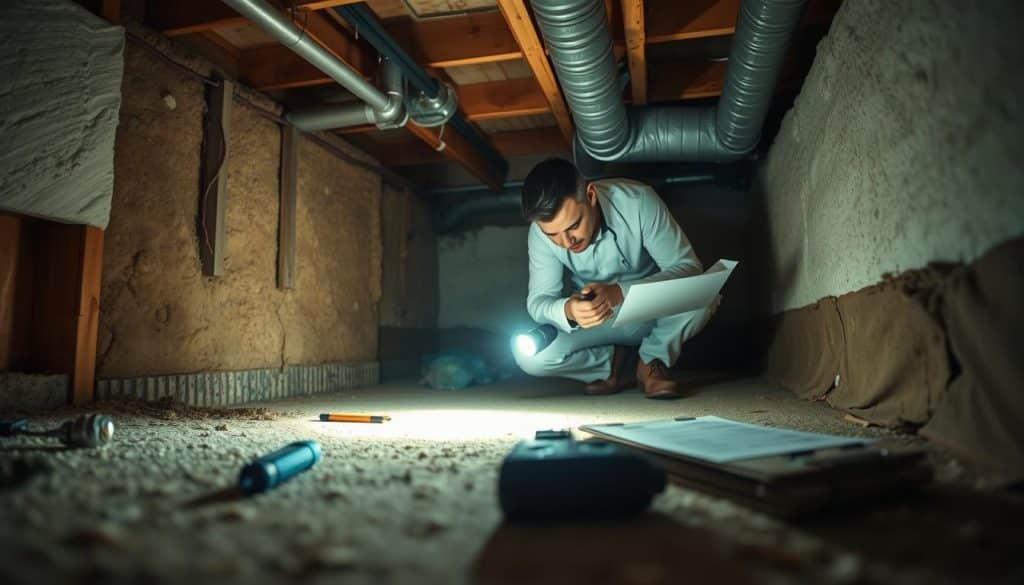 A dimly lit crawl space inspection scene showcasing a professional inspector wearing a clean, modest outfit, examining the area with a flashlight. In the foreground, focus on various tools laid out, such as a moisture meter and inspection clipboard, hinting at the inspection process. The middle ground features the inspector crouched down, inspecting the insulation and foundation walls, illuminating moisture issues. The background reveals exposed wooden beams and ductwork, creating a cramped but detailed environment. Soft shadows and a slight yellowish light enhance the atmosphere, conveying a sense of thoroughness and seriousness. The overall mood should reflect a professional workspace dedicated to assessing crawl space conditions for encapsulation, emphasizing utility and competence without distractions.