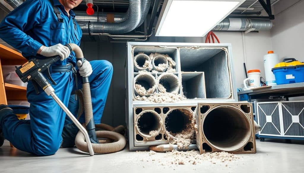 A professional air duct cleaning technician in a tidy workspace, wearing a blue uniform and safety gear, kneeling beside a disassembled air duct system. In the foreground, the technician holds specialized cleaning tools, and powerful vacuum equipment is set up nearby. The middle ground features a well-lit view of the duct system, showcasing dust and debris being extracted, with a focus on an intricate network of vents and ducts. The background includes air filters and cleaning supplies neatly arranged on a workbench. The lighting is bright and clinical, highlighting the cleanliness and professionalism of the service environment, creating an atmosphere of trust and expertise in air quality maintenance. A professional air duct cleaning technician in a tidy workspace, wearing a blue uniform and safety gear, kneeling beside a disassembled air duct system. In the foreground, the technician holds specialized cleaning tools, and powerful vacuum equipment is set up nearby. The middle ground features a well-lit view of the duct system, showcasing dust and debris being extracted, with a focus on an intricate network of vents and ducts. The background includes air filters and cleaning supplies neatly arranged on a workbench. The lighting is bright and clinical, highlighting the cleanliness and professionalism of the service environment, creating an atmosphere of trust and expertise in air quality maintenance.