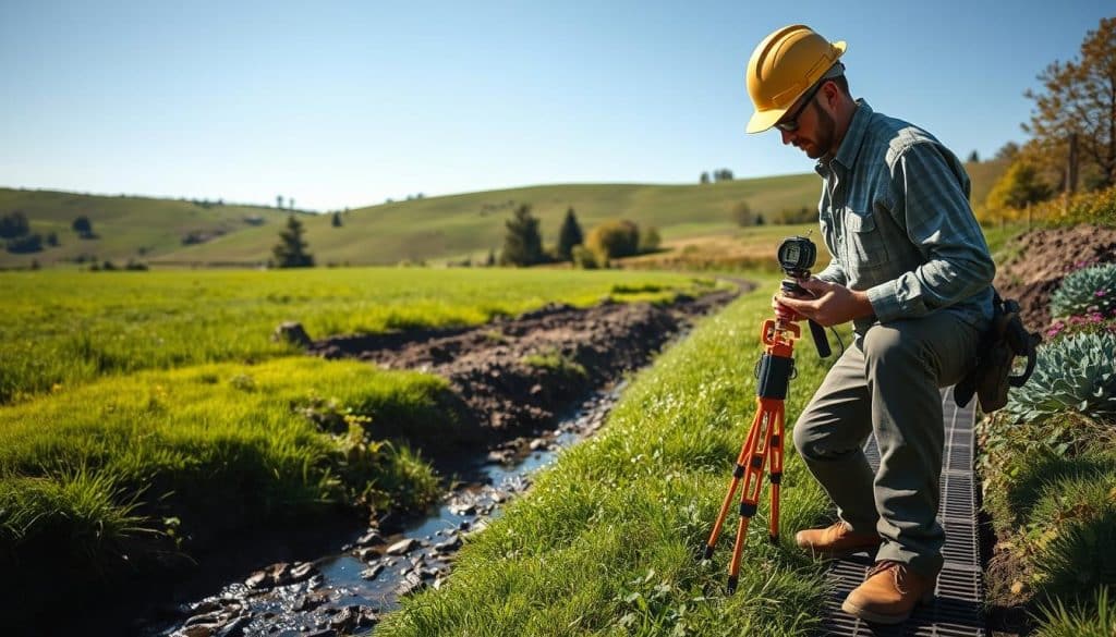 A serene landscape showcasing a water site assessment in an upstate property. In the foreground, a professional wearing a hard hat and business casual attire checks water levels in a small stream with specialized measuring equipment. In the middle ground, lush green grass and a freshly excavated area highlight the preparation for a French drain installation, while a neat channel drain runs alongside. The background features gentle rolling hills, dotted with trees under a clear blue sky, conveying a sense of tranquility and professionalism. Soft natural lighting enhances the scene, casting gentle shadows, with a shallow depth of field focusing on the assessment tools. The atmosphere is calm and focused, emphasizing the importance of proper drainage solutions. A serene landscape showcasing a water site assessment in an upstate property. In the foreground, a professional wearing a hard hat and business casual attire checks water levels in a small stream with specialized measuring equipment. In the middle ground, lush green grass and a freshly excavated area highlight the preparation for a French drain installation, while a neat channel drain runs alongside. The background features gentle rolling hills, dotted with trees under a clear blue sky, conveying a sense of tranquility and professionalism. Soft natural lighting enhances the scene, casting gentle shadows, with a shallow depth of field focusing on the assessment tools. The atmosphere is calm and focused, emphasizing the importance of proper drainage solutions.