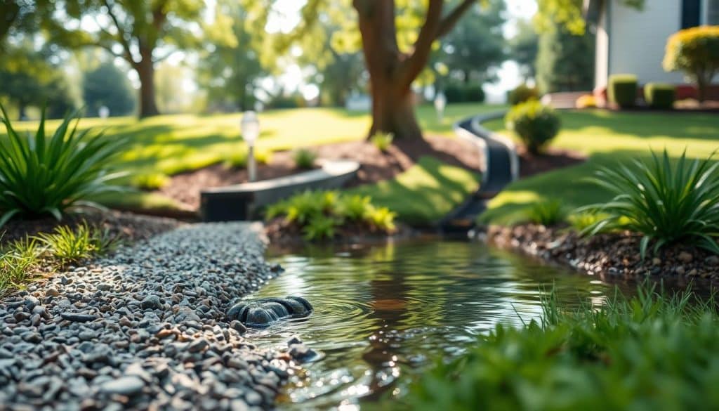 A serene landscape showcasing surface water management techniques in a residential setting. In the foreground, a well-installed French drain is visible, with gravel lining its edges and clear water gently flowing through. In the middle ground, a channel drain is elegantly integrated into a landscaped garden, surrounded by vibrant green plants. The background features a lush lawn and a slight slope, emphasizing the effective drainage system. Soft, natural lighting filters through the trees, casting dappled shadows on the ground. The lens captures the scene from a slightly elevated angle to convey depth and clarity, creating a tranquil and informative atmosphere, illustrating the importance of effective drainage solutions in managing surface water efficiently. A serene landscape showcasing surface water management techniques in a residential setting. In the foreground, a well-installed French drain is visible, with gravel lining its edges and clear water gently flowing through. In the middle ground, a channel drain is elegantly integrated into a landscaped garden, surrounded by vibrant green plants. The background features a lush lawn and a slight slope, emphasizing the effective drainage system. Soft, natural lighting filters through the trees, casting dappled shadows on the ground. The lens captures the scene from a slightly elevated angle to convey depth and clarity, creating a tranquil and informative atmosphere, illustrating the importance of effective drainage solutions in managing surface water efficiently.