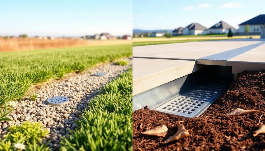A split scene illustrating the differences between a French drain and a channel drain. On the left, a French drain is depicted in the foreground, featuring a gravel bed with a perforated pipe, surrounded by lush green grass and small flowers, with a gentle sunlight casting soft shadows. In the middle, the channel drain showcases a sleek metallic design, flush with a concrete patio, showcasing effective water flow with reddish-brown soil and dry leaves nearby. The background consists of a suburban landscape with a clear blue sky and distant houses, providing context for proper drainage solutions. The overall atmosphere is informative and professional, emphasizing practical installation and use cases while maintaining clarity and focus on the two drainage systems. A split scene illustrating the differences between a French drain and a channel drain. On the left, a French drain is depicted in the foreground, featuring a gravel bed with a perforated pipe, surrounded by lush green grass and small flowers, with a gentle sunlight casting soft shadows. In the middle, the channel drain showcases a sleek metallic design, flush with a concrete patio, showcasing effective water flow with reddish-brown soil and dry leaves nearby. The background consists of a suburban landscape with a clear blue sky and distant houses, providing context for proper drainage solutions. The overall atmosphere is informative and professional, emphasizing practical installation and use cases while maintaining clarity and focus on the two drainage systems.
