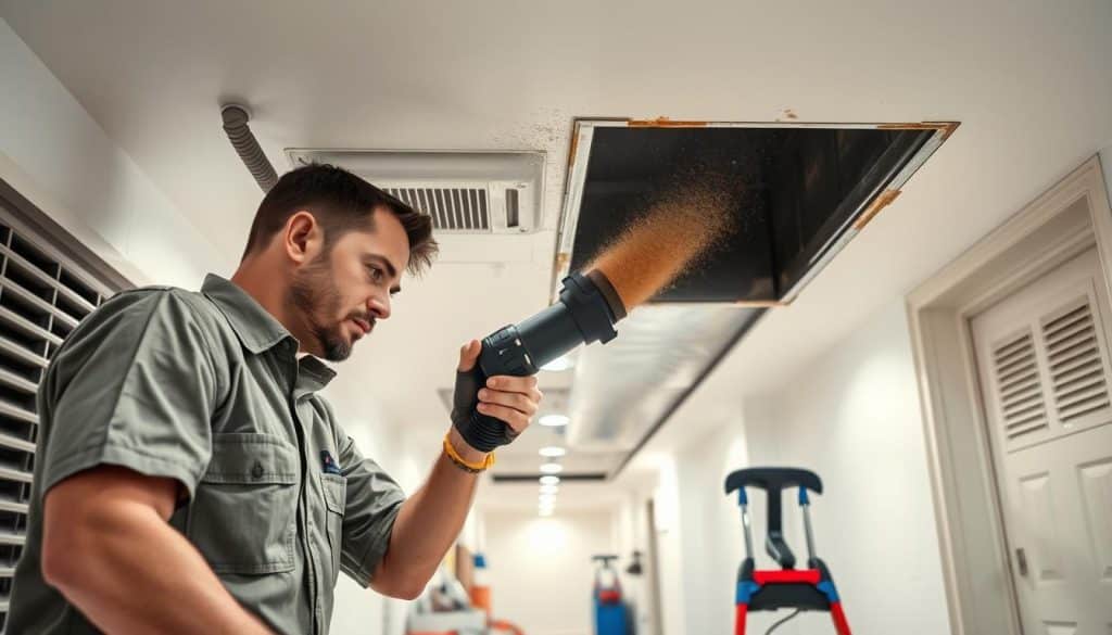 A modern indoor environment showcasing the importance of clean air quality. In the foreground, a professional HVAC technician, dressed in smart business attire, inspects a transparent air duct, highlighting dust and debris accumulation. In the middle, a pristine living room setting with lush indoor plants that symbolize fresh air, complemented by a digital air quality monitor displaying excellent measurements. The background features a bright window allowing natural light to flood the room, enhancing the sense of cleanliness and vitality. Use soft, natural lighting for a warm atmosphere and a slight depth of field to focus on the technician and air duct while keeping the room inviting. The overall mood is one of professionalism and health awareness. is air duct cleaning worth it - hvac and air duct cleaning