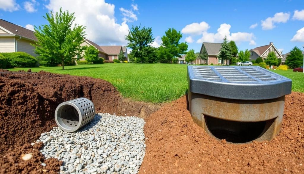 A detailed comparison of a french drain and a catch basin in a suburban setting. In the foreground, showcase a cross-section of a french drain with gravel, perforated pipe, and surrounding soil, highlighting its function in water drainage. Beside it, depict a catch basin with a visible grate and interior structure, demonstrating how it collects surface water. In the middle ground, include a well-manicured lawn with trees and a gentle slope that directs water towards the drainage systems. The background features a bright blue sky with soft, fluffy clouds to create a vivid, inviting atmosphere. Use natural lighting to enhance the textures of the soil and greenery. The angle should be slightly elevated, providing a clear view of both drainage systems in their functional context.