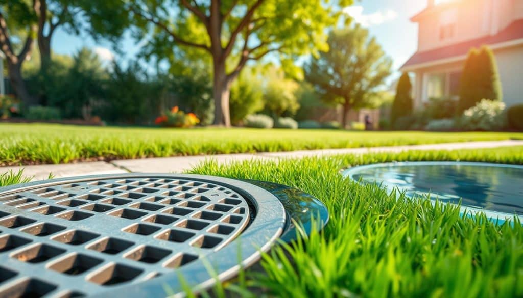 A detailed illustration of a catch basin in a residential setting, focusing on its role in managing surface water runoff. In the foreground, emphasize the catch basin itself, showcasing its grating and drainage pipes. The middle ground features a grassy area, with water pooling nearby to demonstrate the basin's function. Surrounding the scene, add lush trees and a clear blue sky in the background, creating a serene, sunny atmosphere. Use soft natural lighting to highlight the textures of the catch basin and surrounding landscape. The angle should be slightly elevated, capturing the catch basin’s integration into the yard while reflecting its practical importance in drainage systems.