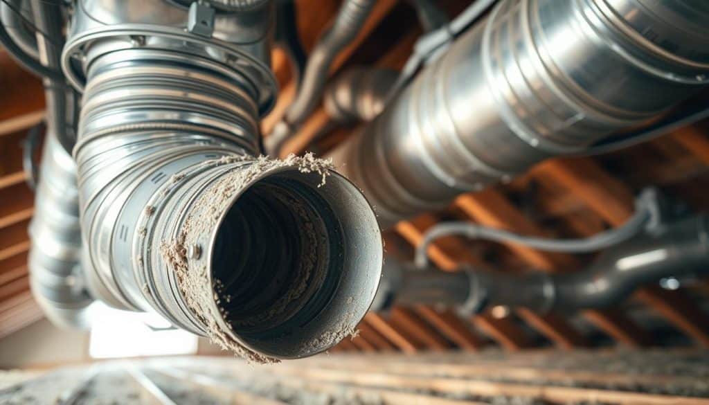 A detailed view of an air duct system in a residential setting, focusing on the intricate metalwork and ventilation design. In the foreground, a section of the duct is shown with dust accumulation, highlighting signs of neglect that indicate the need for cleaning. The middle ground features a spacious attic with exposed ducts, illuminated by soft, warm lighting that creates a homey yet slightly neglected atmosphere. In the background, faint outlines of insulation and beams suggest a typical domestic environment. The perspective is slightly tilted to enhance depth, simulating a close-up view. The overall mood conveys urgency and the importance of maintenance, with crisp, clear details and shadows enhancing the three-dimensionality of the ducts.