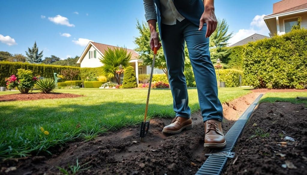 A landscape view of a residential property being assessed for drainage solutions. In the foreground, a professional in a smart casual outfit examines the ground with a measuring tool, focused on the soil and the layout of the yard. In the middle ground, a well-maintained garden with various plants and a partially visible trench illustrates an ongoing drainage project, showing the French drain system being designed. The background features a clear blue sky and a few scattered clouds, with a hint of a home peeking through the greenery, creating a serene atmosphere. Soft natural lighting enhances the details of the landscape, while a slight angle from above captures the assessment process effectively, emphasizing the importance of proper drainage design.