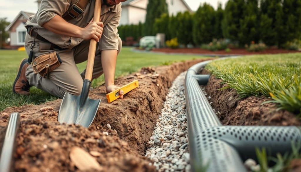 A professional contractor in modest work attire kneels beside a freshly dug trench, expertly installing a French drain system. The foreground features tools such as a shovel and a level, emphasizing the detailed installation process. In the middle ground, the trench is lined with gravel and perforated pipe, indicating the step-by-step method of installation. The background showcases a residential property with lush green grass and a clear sky, providing a serene setting. Soft, natural lighting casts gentle shadows, creating a realistic atmosphere. The angle captures both the contractor’s focused expression and the intricate layout of the French drain, conveying a sense of professionalism and expertise in home improvement.
