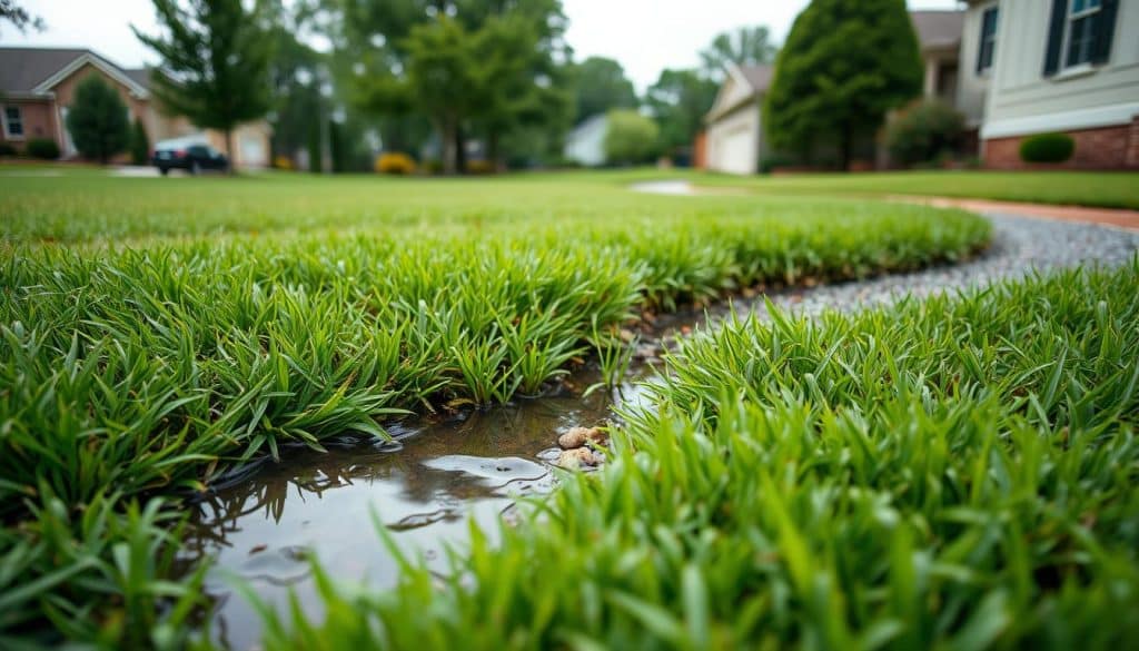 A serene landscape depicting surface water runoff in a suburban environment, showcasing freshly fallen rain pooling across a lawn. In the foreground, lush green grass succumbs to a small stream of water, reflecting the overcast sky above. The middle ground features a well-maintained French drain system, with visible gravel bed, guiding the water away from the house's foundation. In the background, trees are swaying gently under a cloudy sky, hinting at recent rainfall. The scene is illuminated by soft, diffused light, enhancing the wet textures on the ground. Capture the atmosphere of a typical Greenville, SC neighborhood, emphasizing the importance of efficient drainage systems in preventing mold growth. The angle is slightly elevated, offering a comprehensive view of the drainage system's interaction with the landscape.