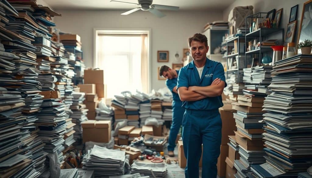 A cluttered room filled with stacks of newspapers, boxes, and knick-knacks, illustrating the concept of hoarding. In the foreground, a pair of professional cleanup specialists, dressed in matching blue uniforms, meticulously sorting through the mess with a look of focus and determination. In the middle ground, piles of items are being organized into neat sections, showcasing the transformation process. The background reveals a bright window letting in natural light, creating an inviting atmosphere that contrasts with the disorder. The overall mood is one of hope and renewal, emphasizing the importance of cleanup services. The image should have a soft depth of field, with a warm color palette to evoke a sense of comfort and professionalism.