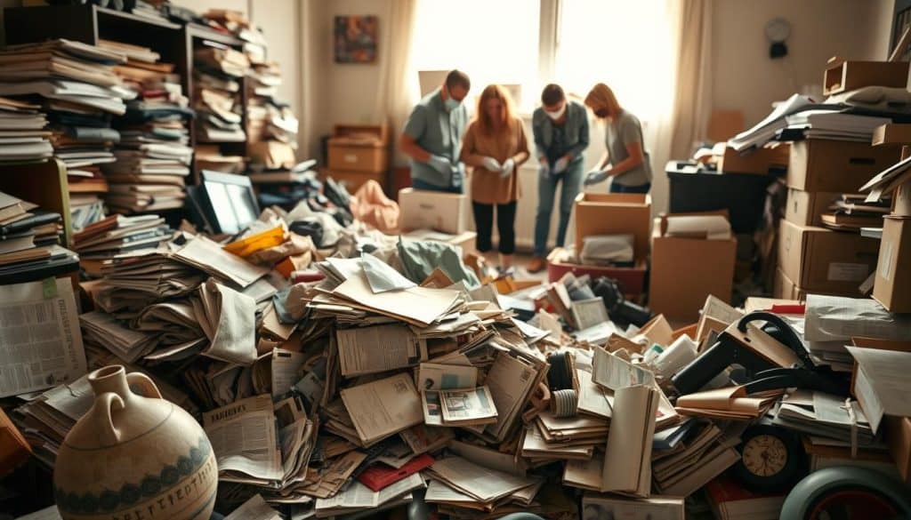 A cluttered room filled with various items, showcasing the overwhelming effects of hoarding. In the foreground, a disheveled pile of newspapers, old furniture, and personal belongings spills onto the floor, with a dust-covered ceramic vase partially hidden beneath. In the middle, a professional team in modest casual clothing, wearing gloves and masks, is actively sorting through the mess, thoughtfully categorizing items into boxes. The background features a window allowing soft, warm light to filter in, casting gentle shadows that emphasize the room's neglected state. The atmosphere is a mix of determination and compassion, highlighting the need for professional cleanup services tailored to challenging scenarios. The focus is on the action and emotion without any extraneous elements or text.