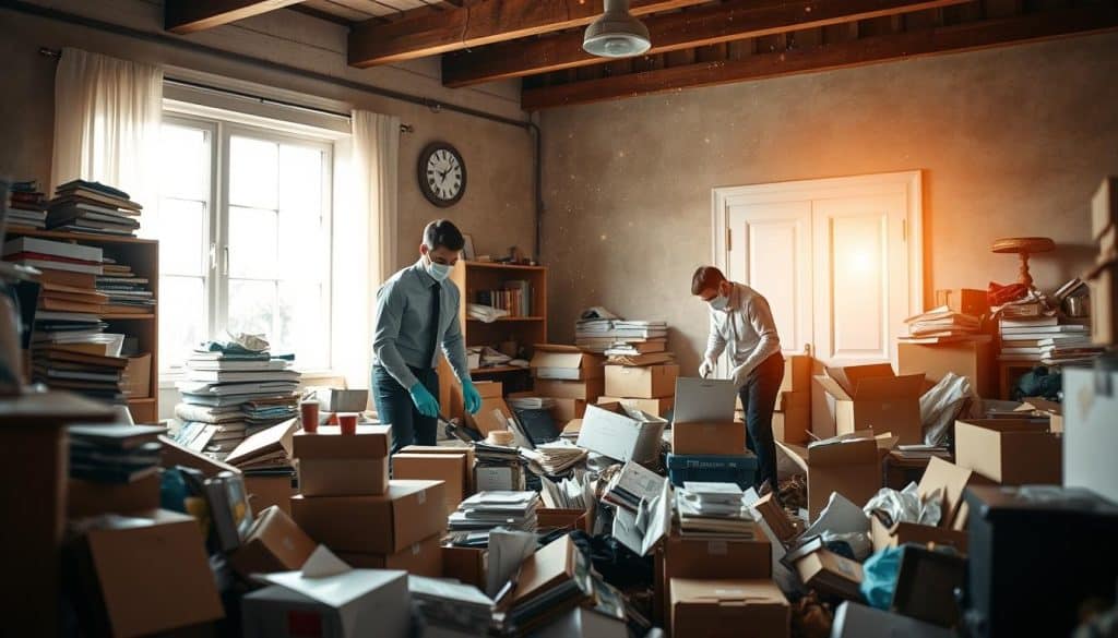 A professional hoarding cleanup scene showcasing a systematic process. In the foreground, a diverse team of three individuals in smart casual attire, wearing gloves and face masks, carefully sorting through a chaotic space filled with various items such as boxes, papers, and furniture. In the middle, there is a marked area where sorted items are neatly placed for disposal or donation, displaying an organized approach amidst the clutter. The background features a well-lit room with natural light streaming through a window, illuminating dust motes in the air, enhancing the atmosphere of transformation and renewal. The overall mood is focused and determined, reflecting the compassion and professionalism of the cleanup team. The image should have a sharp focus, with a slight depth of field to emphasize the team’s efforts.
