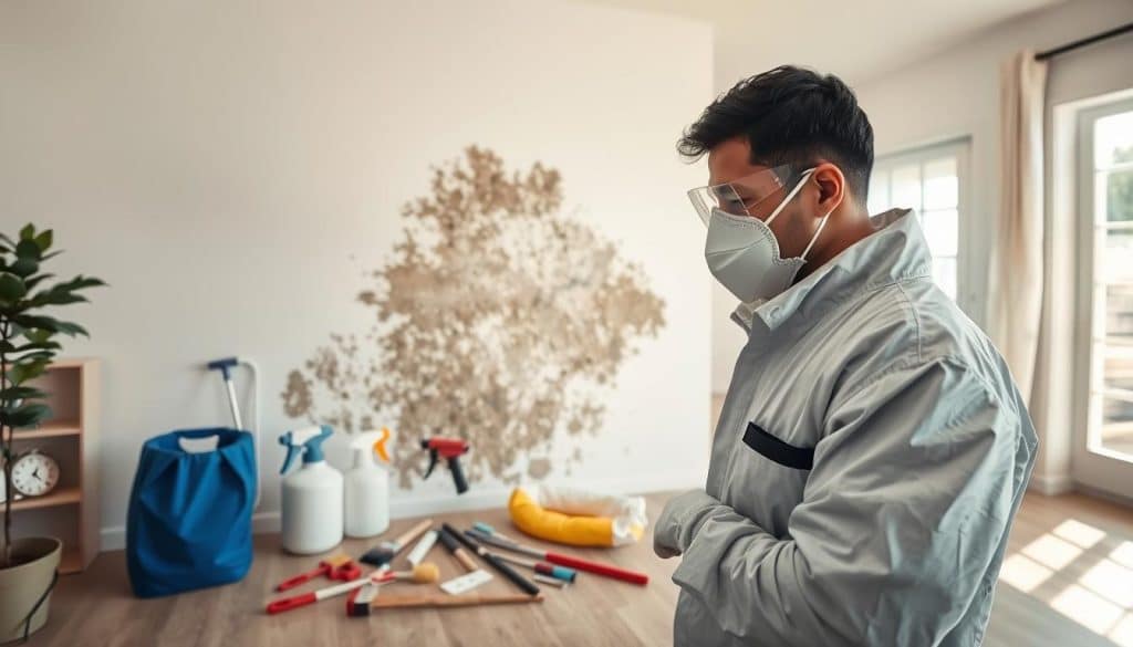 A professional mold remediation expert in a clean, well-lit residential space, focusing on a significant area of mold on a wall. In the foreground, the expert, wearing protective gear such as gloves, a mask, and a safety suit, closely examines the mold. The middle ground features various mold remediation tools like sprayers, brushes, and containment bags neatly arranged. The background shows a well-ventilated room with sunlight streaming through the windows, creating a bright and hopeful atmosphere. Use a wide-angle lens to capture the entire scene, emphasizing the expert's attention to detail in tackling the mold problem. The mood conveys professionalism, diligence, and a commitment to health and safety. - mold remediation with bleach