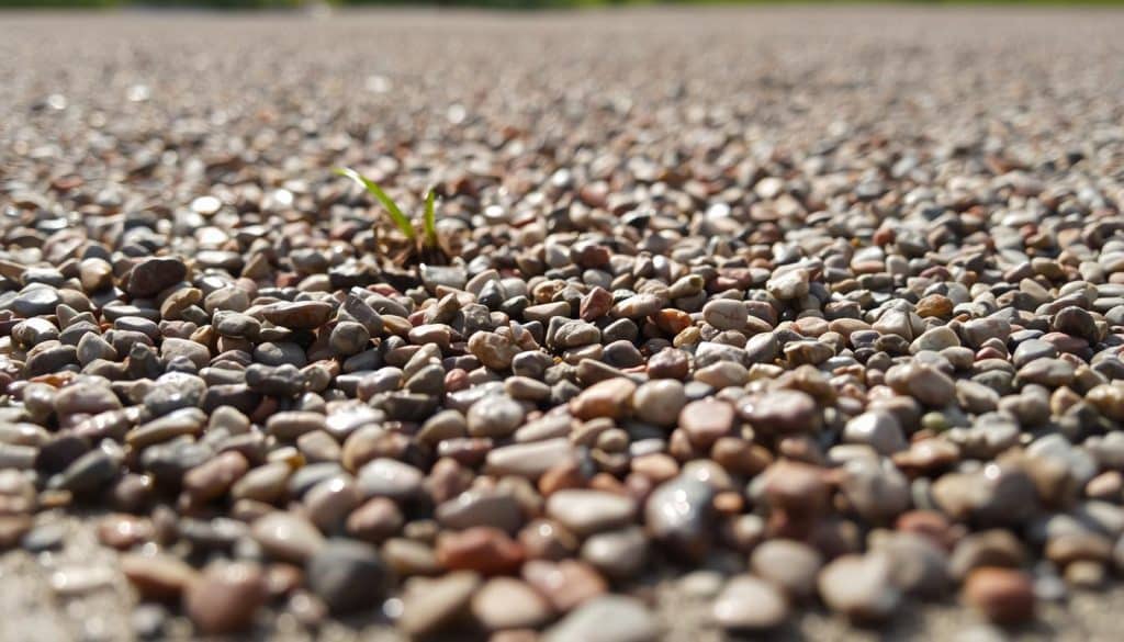 A detailed close-up of a textured layer of gravel, prominently showcasing an assortment of small stones in various earthy tones—grays, browns, and muted reds—positioned on a flat, hard surface. The foreground features glimmering beads of moisture, indicating recent rainfall, adding a touch of vitality. In the middle ground, there are subtle hints of small roots and grass blades peeking through the gravel, emphasizing the natural integration of materials. The background is softly blurred to ensure focus on the gravel, simulating a shallow depth of field. A warm, natural light filters through, casting gentle shadows to enhance the texture and depth. The overall atmosphere is serene and grounded, reflecting the quality and suitability of gravel as a reliable material for drainage solutions. - gravel for french drain