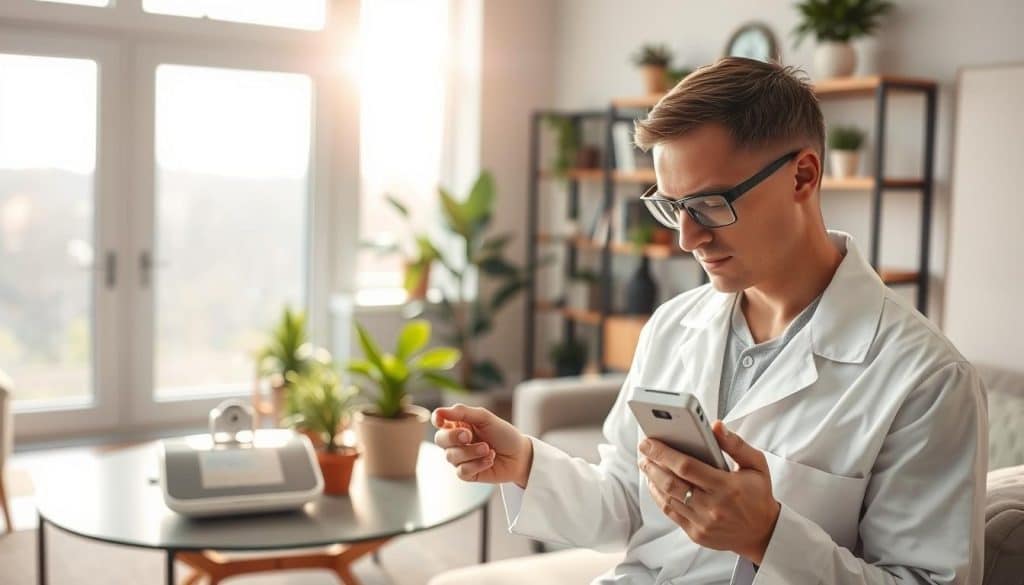 A modern indoor air quality testing scene in a well-lit, tidy living room. In the foreground, a professional technician wearing a white lab coat is using a handheld air quality monitor, with an expression of concentration. The technician's short hair is tidy, and they are wearing safety glasses. In the middle ground, a sleek air quality testing device sits on a table next to potted plants, indicating a focus on eco-friendly solutions. Soft sunlight filters through large windows, creating a warm and inviting atmosphere. In the background, there are shelves with books and plants, enhancing the sense of a comfortable home environment. The overall mood is calm and professional, emphasizing trust and reliability in air quality testing. - How Is Air Quality Measured