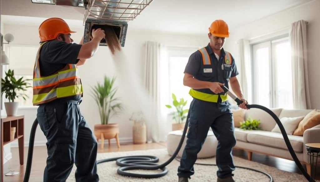 A professional air duct cleaning service in action, featuring two technicians wearing uniforms and safety gear, diligently working inside a home. In the foreground, one technician is using a powerful vacuum attachment to clean the ducts, surrounded by cleaning equipment like hoses and brushes. The middle ground shows an open duct with visible dust being removed, showcasing the thoroughness of the service. The background features a cozy, well-lit living room with houseplants and a window allowing soft, natural light to filter in, creating a warm and inviting atmosphere. The overall mood conveys professionalism and the importance of maintaining clean air ducts, with an emphasis on improving indoor air quality. - how often air duct cleaning