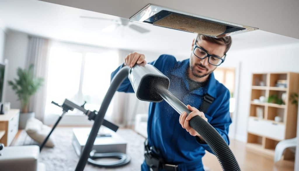 A detailed view of an air duct cleaning process in a well-lit residential setting. In the foreground, a professional technician in a blue uniform and safety goggles is using a high-powered vacuum to clean an air duct. The technician is focused and meticulous, showcasing expertise. In the middle ground, the air duct is slightly open, revealing dust and debris being sucked away. The technician's equipment is organized and visible, with hoses and tools neatly arranged. The background features a modern living room with soft, natural lighting filtering through a window, creating a clean and inviting atmosphere. The mood is professional yet approachable, emphasizing the importance of maintaining clean air ducts for a healthy home. - is air duct cleaning a waste of money