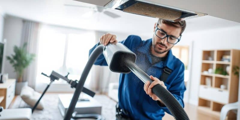 A detailed view of an air duct cleaning process in a well-lit residential setting. In the foreground, a professional technician in a blue uniform and safety goggles is using a high-powered vacuum to clean an air duct. The technician is focused and meticulous, showcasing expertise. In the middle ground, the air duct is slightly open, revealing dust and debris being sucked away. The technician's equipment is organized and visible, with hoses and tools neatly arranged. The background features a modern living room with soft, natural lighting filtering through a window, creating a clean and inviting atmosphere. The mood is professional yet approachable, emphasizing the importance of maintaining clean air ducts for a healthy home. - hvac and air duct cleaning