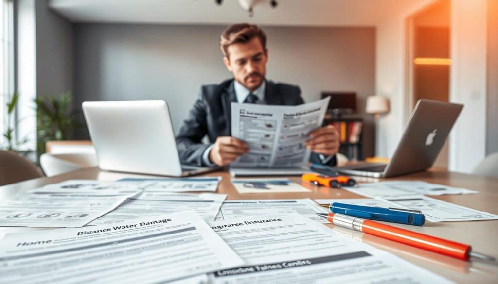 A well-organized table of insurance documentation related to home water damage restoration sits prominently in the foreground. The documents are neatly arranged, showcasing forms, policies, and checklists with relevant graphics. In the middle ground, a professional in business attire carefully reviews a document with a focused expression, while a laptop and water damage restoration tools lie nearby. The background features a softly blurred interior of a modern office with calming colors, enhancing the professional atmosphere. Natural light filters through a window, creating a warm and inviting mood, capturing the essence of reliability and support in the recovery process. The camera angle is slightly elevated, emphasizing the importance of the insurance documents and the professionalism in the scene. - will house insurance cover water damage