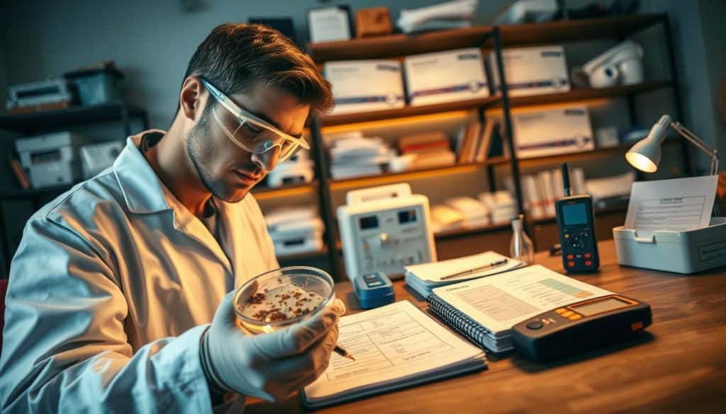 A detailed indoor scene showcasing mold testing. In the foreground, a professional wearing a white lab coat, safety goggles, and gloves is carefully examining a mold sample on a clear Petri dish. The middle ground features an array of mold testing kits, tools like a moisture meter, and a notebook filled with test results, highlighting the precision of professional testing methods. In the background, shelves are stocked with air quality testing equipment and scientific literature, illuminated by soft, warm lighting for an inviting atmosphere. The angle should be slightly above eye level for a comprehensive view, conveying professionalism and expertise. The mood is focused and informative, emphasizing the importance of accurate mold testing. - mold testing cost