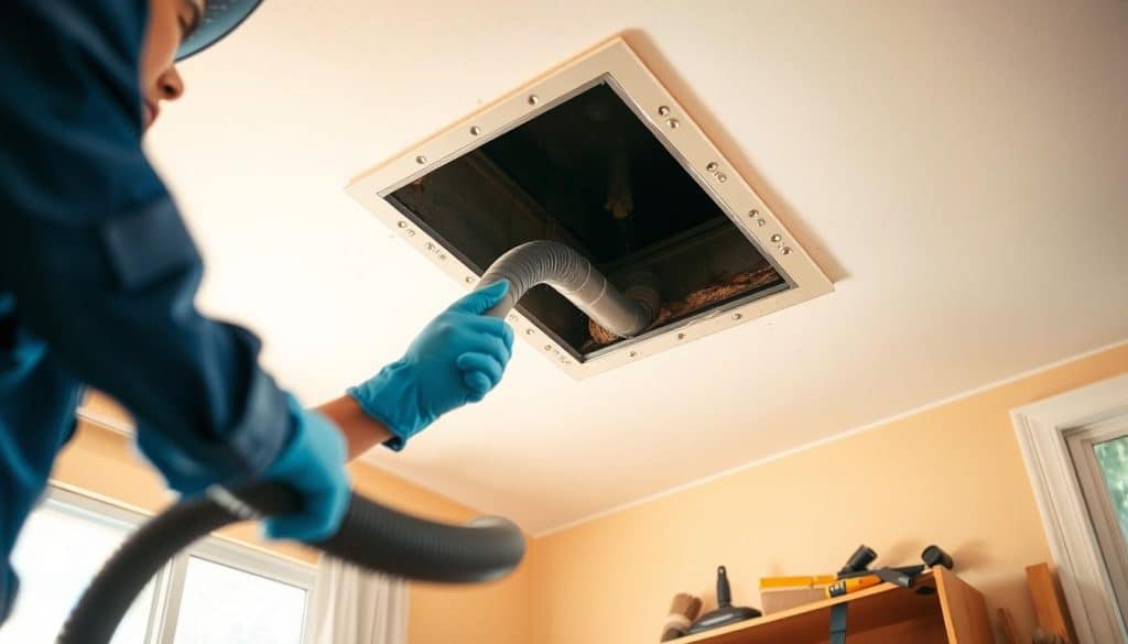 A professional air duct cleaning scene in a well-lit residential setting. In the foreground, a technician in a blue uniform and gloves expertly operates a high-powered vacuum connected to a flexible hose, cleaning out a metal air duct. The middle ground features an open ceiling access panel with visible dust and debris around it, emphasizing the process. Tools such as brushes and vacuum attachments are neatly arranged nearby. In the background, warm natural light filters through a window, illuminating the room and creating a clean, efficient atmosphere. The focus is sharp on the technician and the ductwork, highlighting the meticulous care required in air duct cleaning. The overall mood is professional and sanitary, reflecting the importance of air quality maintenance. - hvac and air duct cleaning