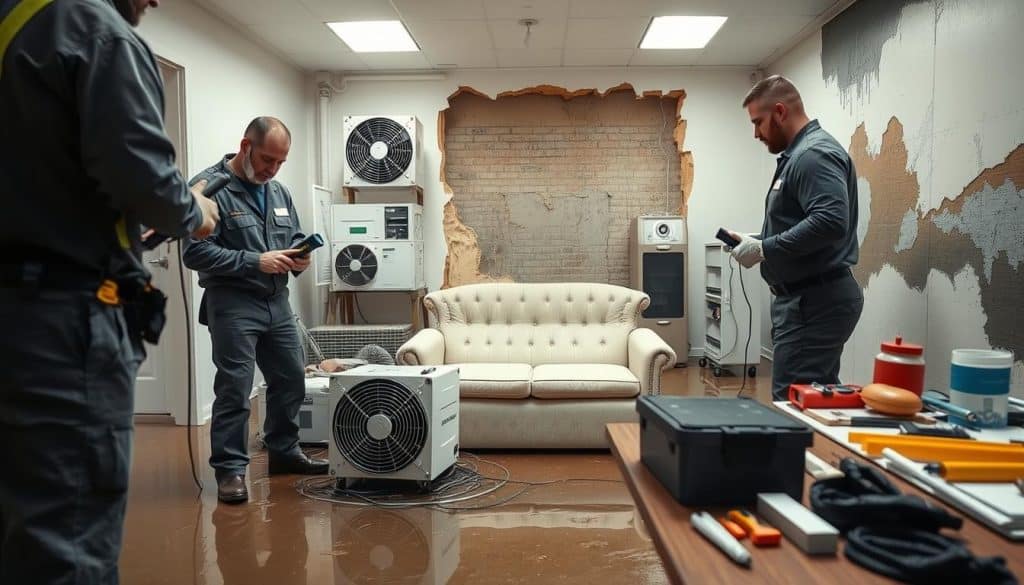 A professional water damage restoration team in action, focused on the detailed process of damage restoration. In the foreground, two technicians in professional attire carefully inspect a flooded room, using moisture meters and ensuring safety gear is worn. The middle section highlights the drying equipment—industrial fans and dehumidifiers—surrounding waterlogged furniture being moved to a safe area. In the background, a partially damaged wall indicates the ongoing restoration work, with tools and supplies organized neatly on a nearby table. The lighting is bright and clinical, creating a sense of urgency and professionalism. The overall atmosphere conveys a dedicated and methodical approach to restoring properties after water damage, showcasing expertise and teamwork. - cost for water damage restoration
